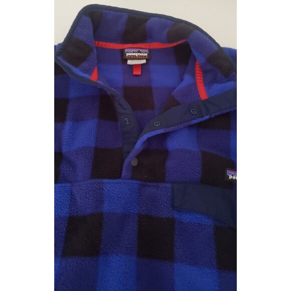 Patagonia Synchilla Blue Black Buffalo Plaid Mens Fleece T Snap Pullover Size L - Picture 3 of 7